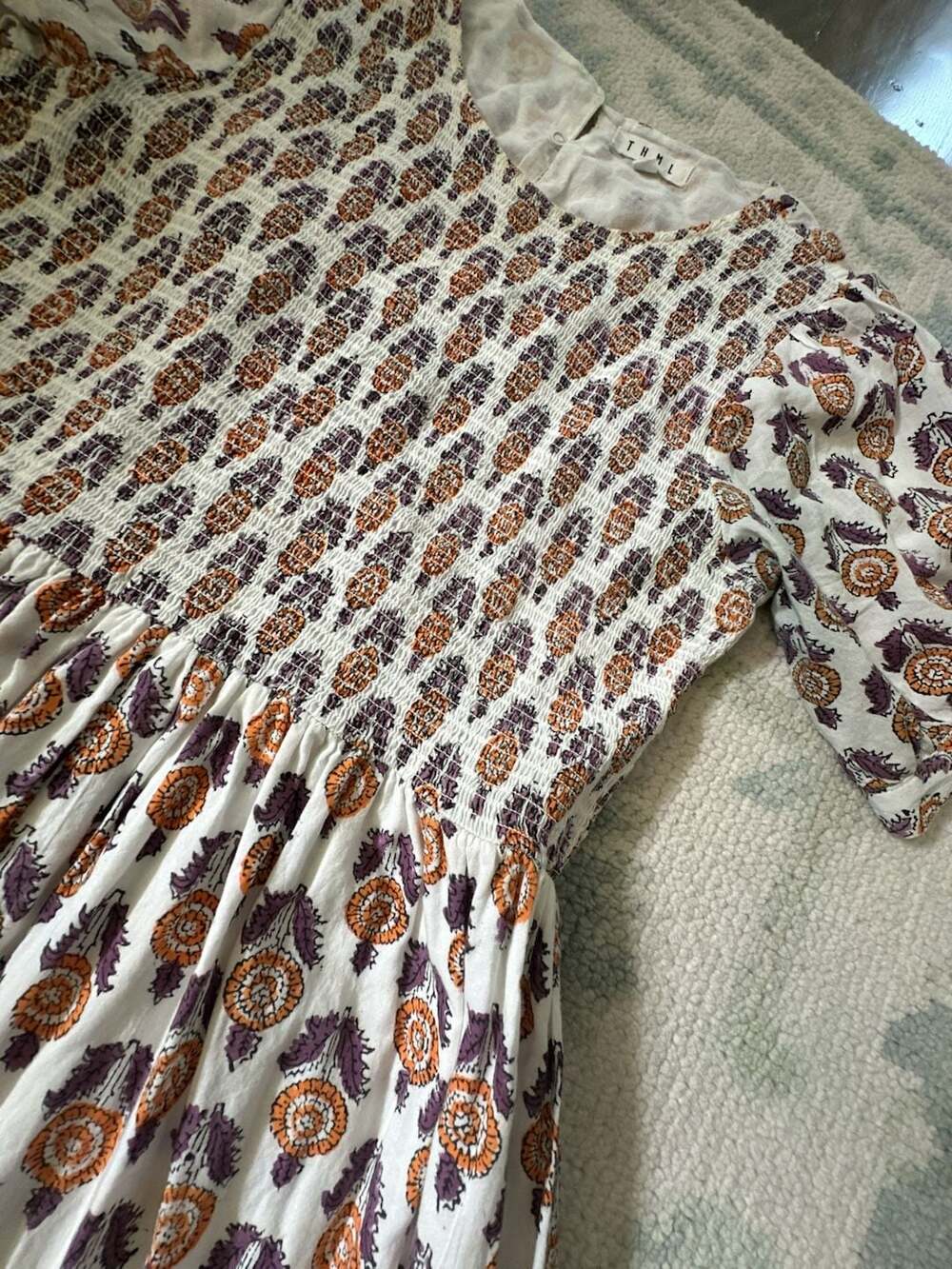 S - THML Floral Print Smocked Puff Sleeve Midi Dress - Picture 2 of 6